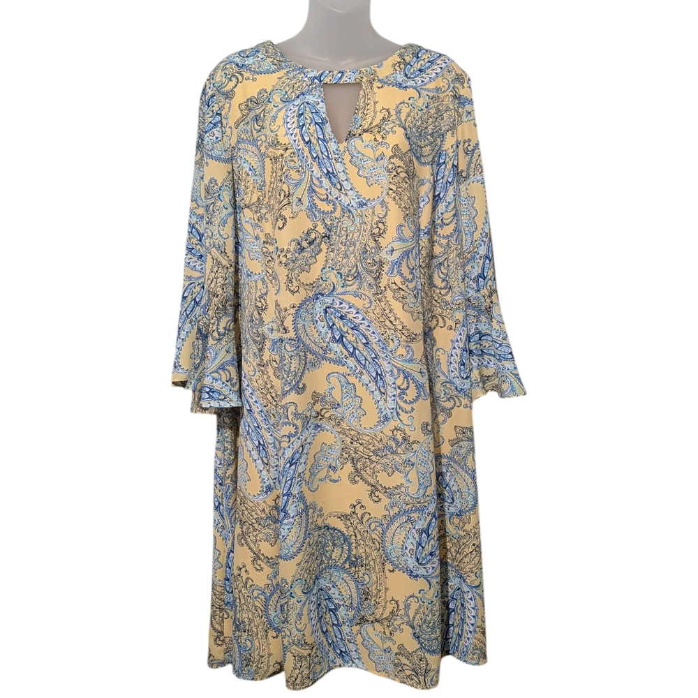 Pastel Yellow Blue Paisley Sheer Bell 3/4 Sleeve Lined Zip Spring Easter Dress
